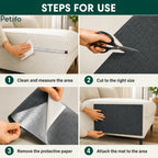 Four-step instructions for using the Petifo scratch mats: clean and measure the area, cut to the right size, remove the protective paper, and attach the mat.