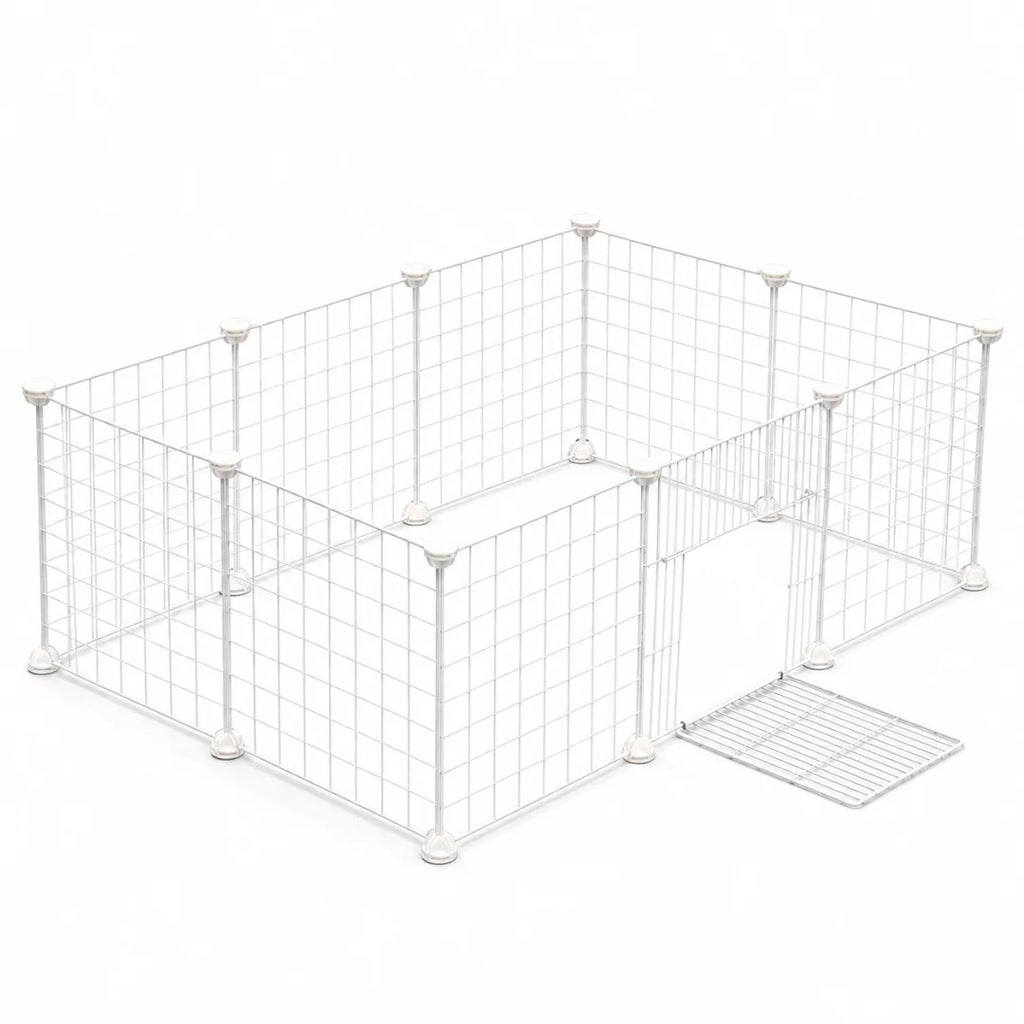 Petifo white wire dog playpen layout with an integrated door panel on a white background.