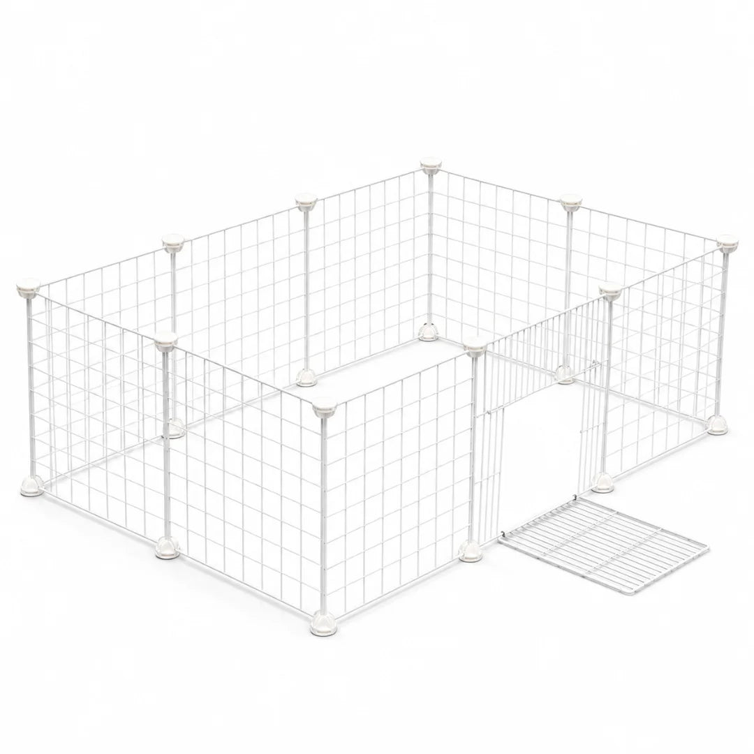 Petifo white wire dog playpen layout with an integrated door panel on a white background.