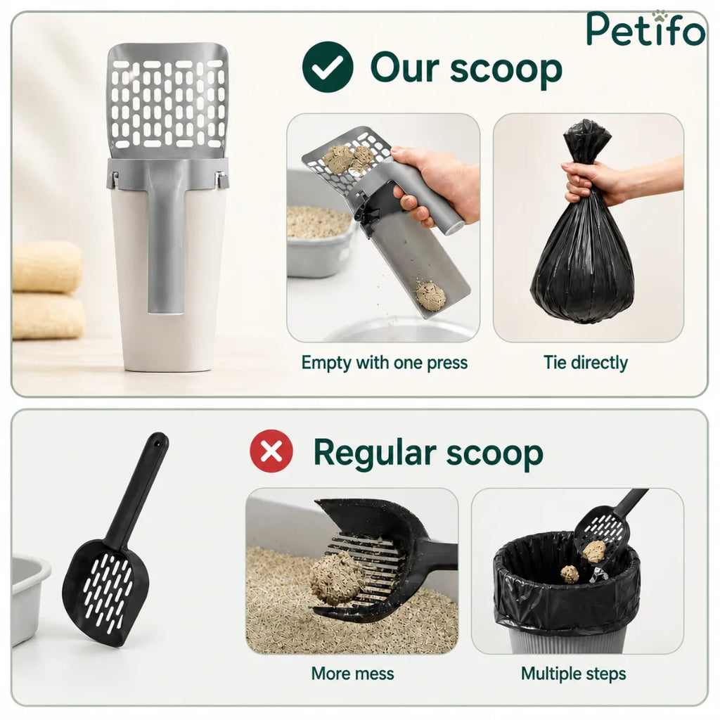 2-in-1 cat litter scoop with integrated waste bin and bag dispenser compared to a regular scoop.