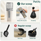 2-in-1 cat litter scoop with integrated waste bin and bag dispenser compared to a regular scoop.