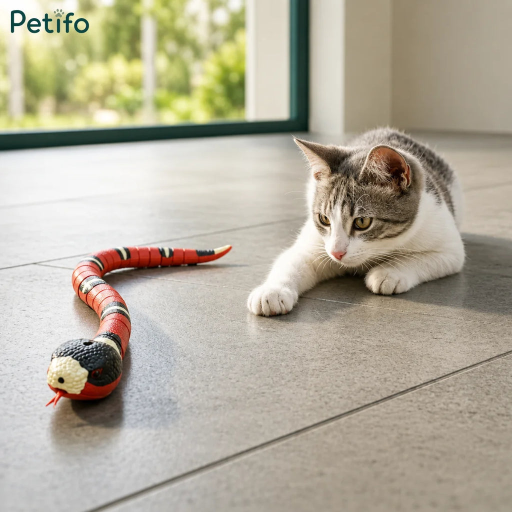 Cute tabby kitten playing with an interactive electronic snake toy on a tiled floor.