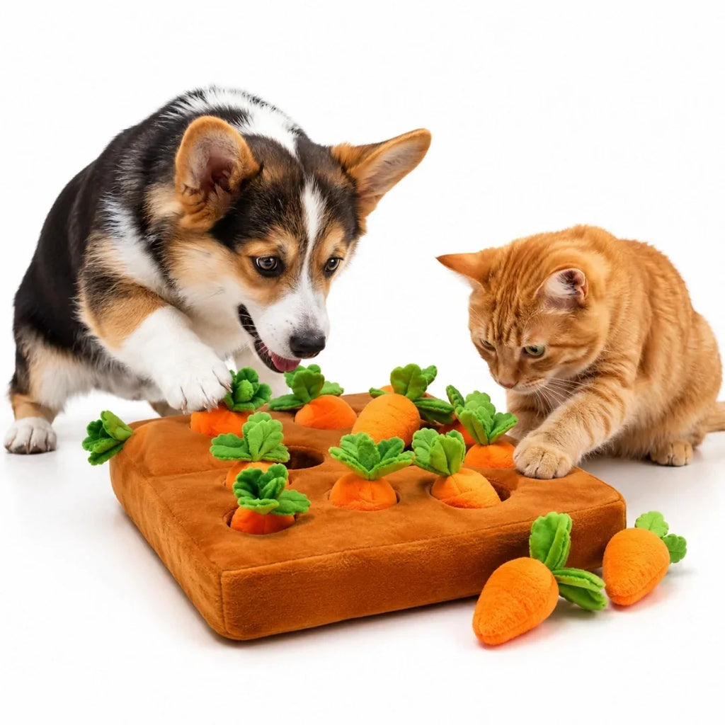 Corgi puppy and ginger cat playing together with the Petifo interactive carrot plush puzzle toy.