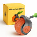 Orange interactive cat smart ball toy shown alongside its yellow product packaging box.