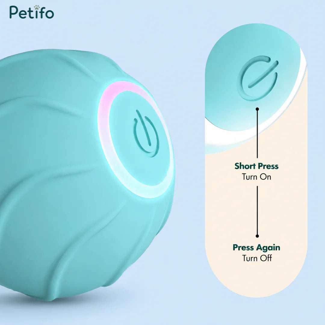Blue Petifo interactive cat ball showing power control instructions for turning the device on and off with a short press.