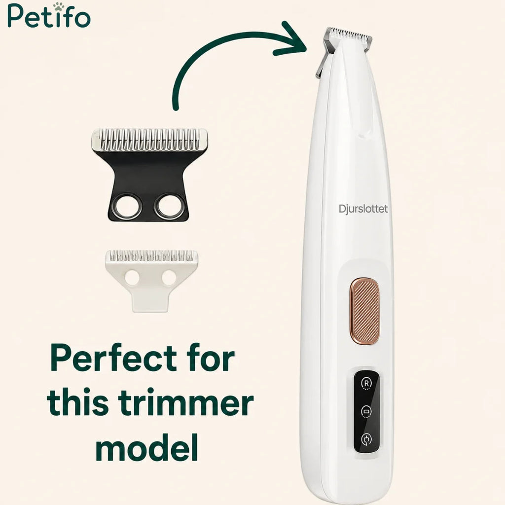 Precision pet trimmer model shown alongside interchangeable replacement blade heads and detailed pointers.