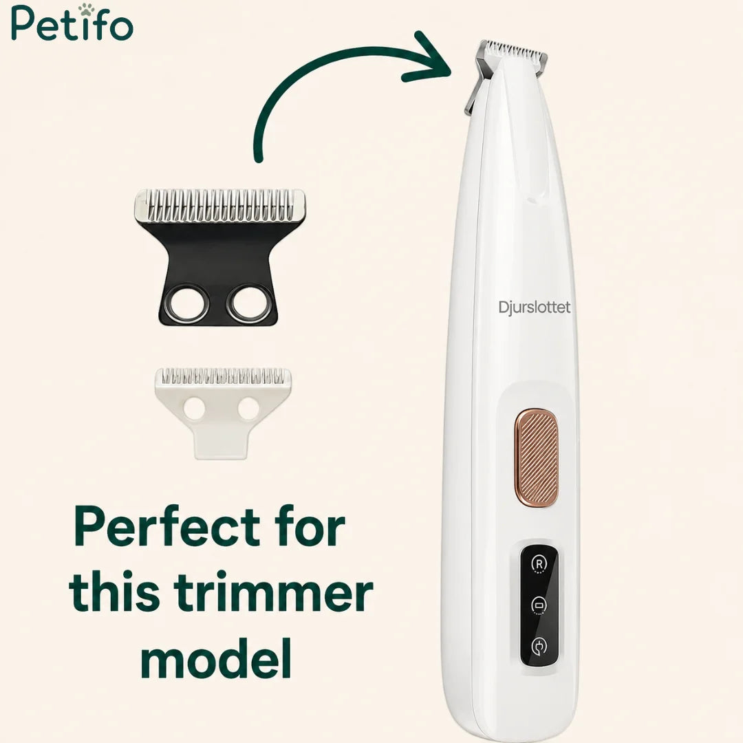 Precision pet trimmer model shown alongside interchangeable replacement blade heads and detailed pointers.
