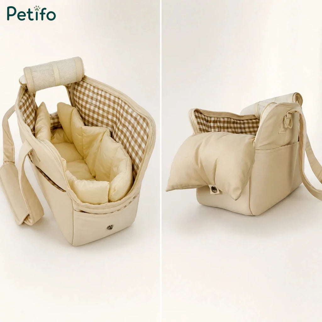 Open beige Petifo pet carrier showing a soft quilted cream interior with a brown and white gingham pattern lining.