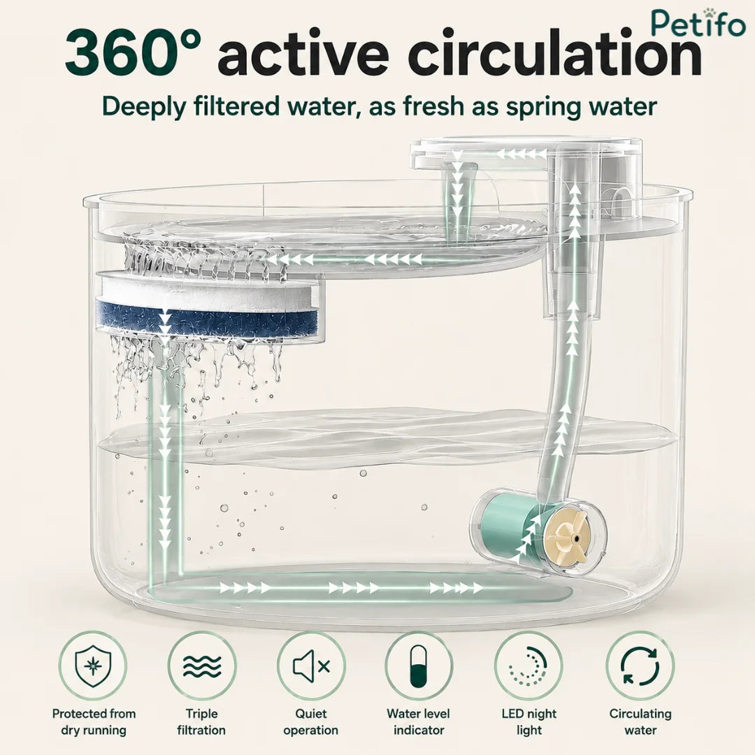 Internal diagram illustrating 360-degree active water circulation and filtration path of Petifo pet fountain