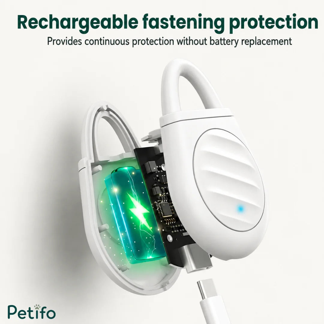 Internal view of the rechargeable ultrasonic tick repellent showing its battery and USB charging port structure.