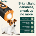 Device flashlight demonstration next to a Jack Russell terrier with key feature icons.
