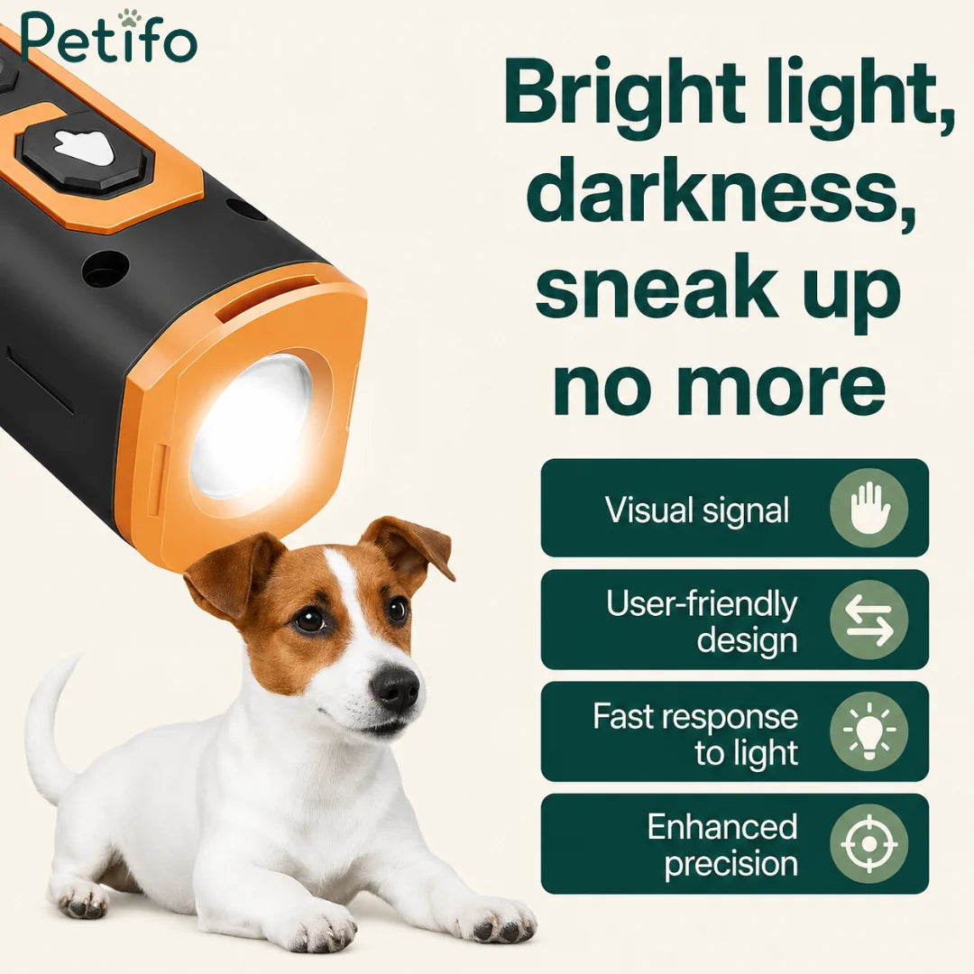 Device flashlight demonstration next to a Jack Russell terrier with key feature icons.
