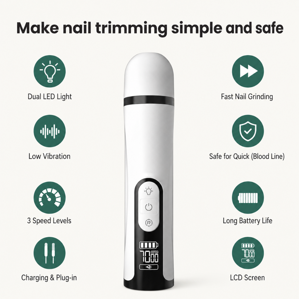 Electric pet nail grinder with an LCD screen, dual LED lights, 3 speed levels, low vibration, and rechargeable battery for safe, fast, and simple nail trimming.