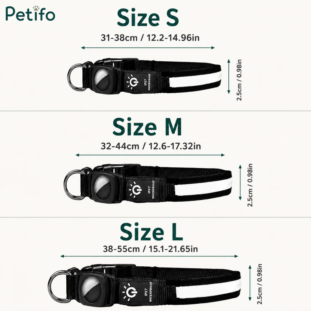 Size and dimension guide for small, medium, and large LED light-up dog collars with AirTag holders.