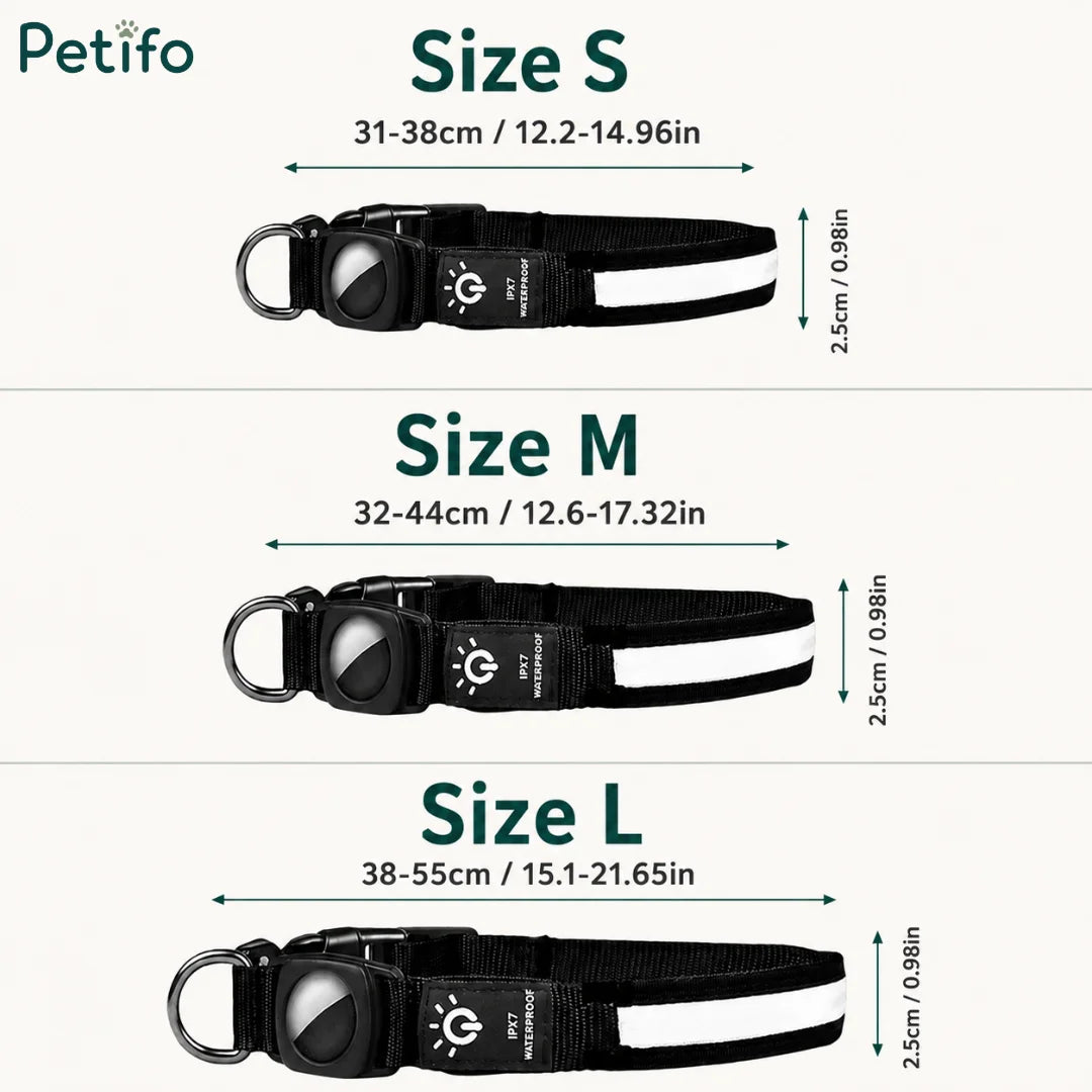 Size and dimension guide for small, medium, and large LED light-up dog collars with AirTag holders.