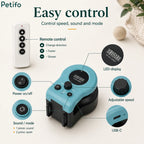 Detailed control panel breakdown showing the remote control, LED display, power switch, and USB-C port of the electronic cat toy.