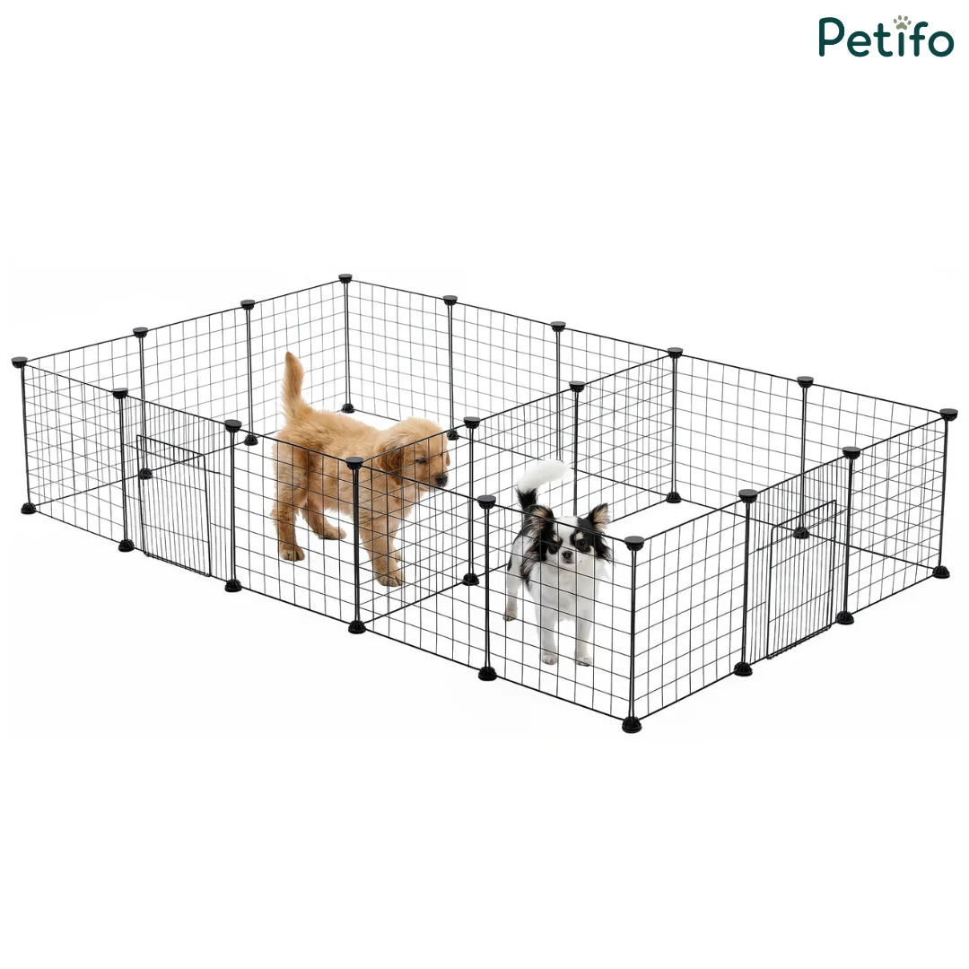 Petifo large double-room black wire dog playpen holding two small puppies.