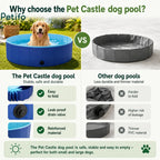 Comparison infographic highlighting the durability, folding design, and leak-proof features of the Petifo dog pool.