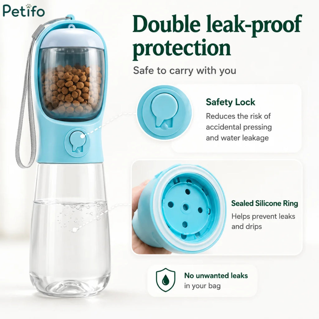 Overview of the Petifo bottle's double leak-proof protection system featuring a safety lock and sealed silicone ring.