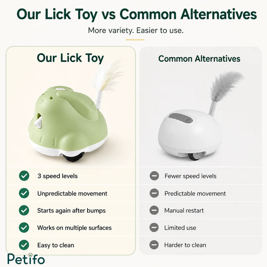 Comparison chart contrasting the Petifo lick and play toy against common alternatives with 5 key performance advantages