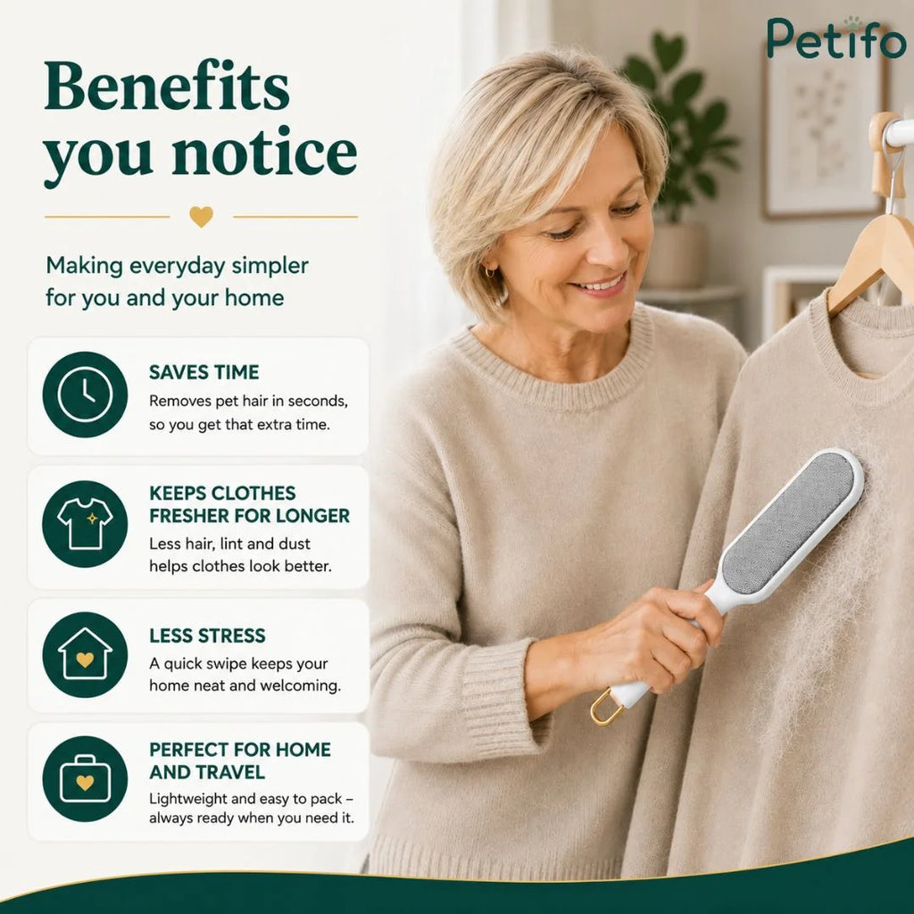 Promotional lifestyle graphic highlighting key benefits such as saving time, keeping clothes fresh, reducing stress, and being perfect for home and travel.