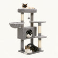 High-quality product image of a Light Grey multi-level cat tree featuring three cats resting in the condo, hammock, and top bed.