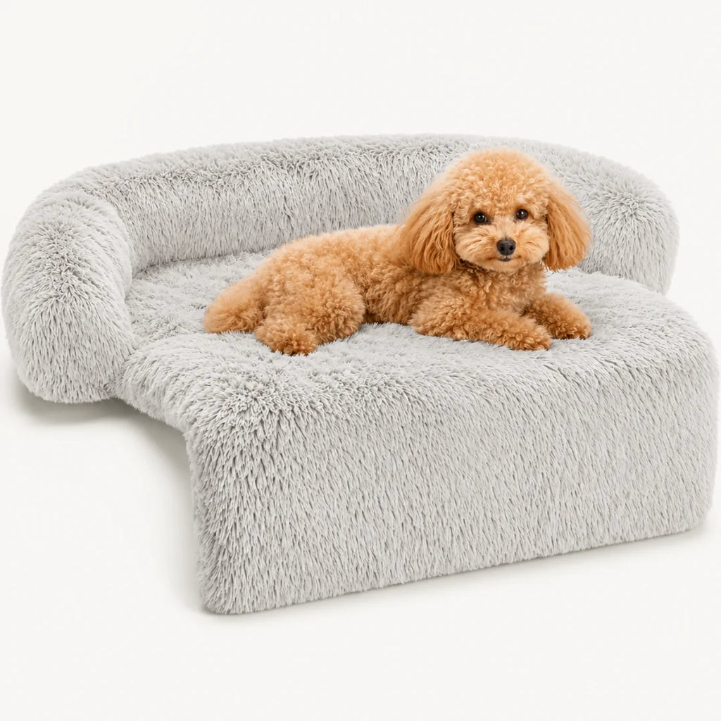 Fluffy grey dog sofa bed featuring a cute light brown poodle resting comfortably.