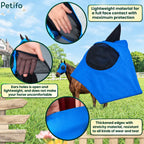 Feature breakdown highlighting lightweight material, open ears, and reinforced edges of the equine fly mask.