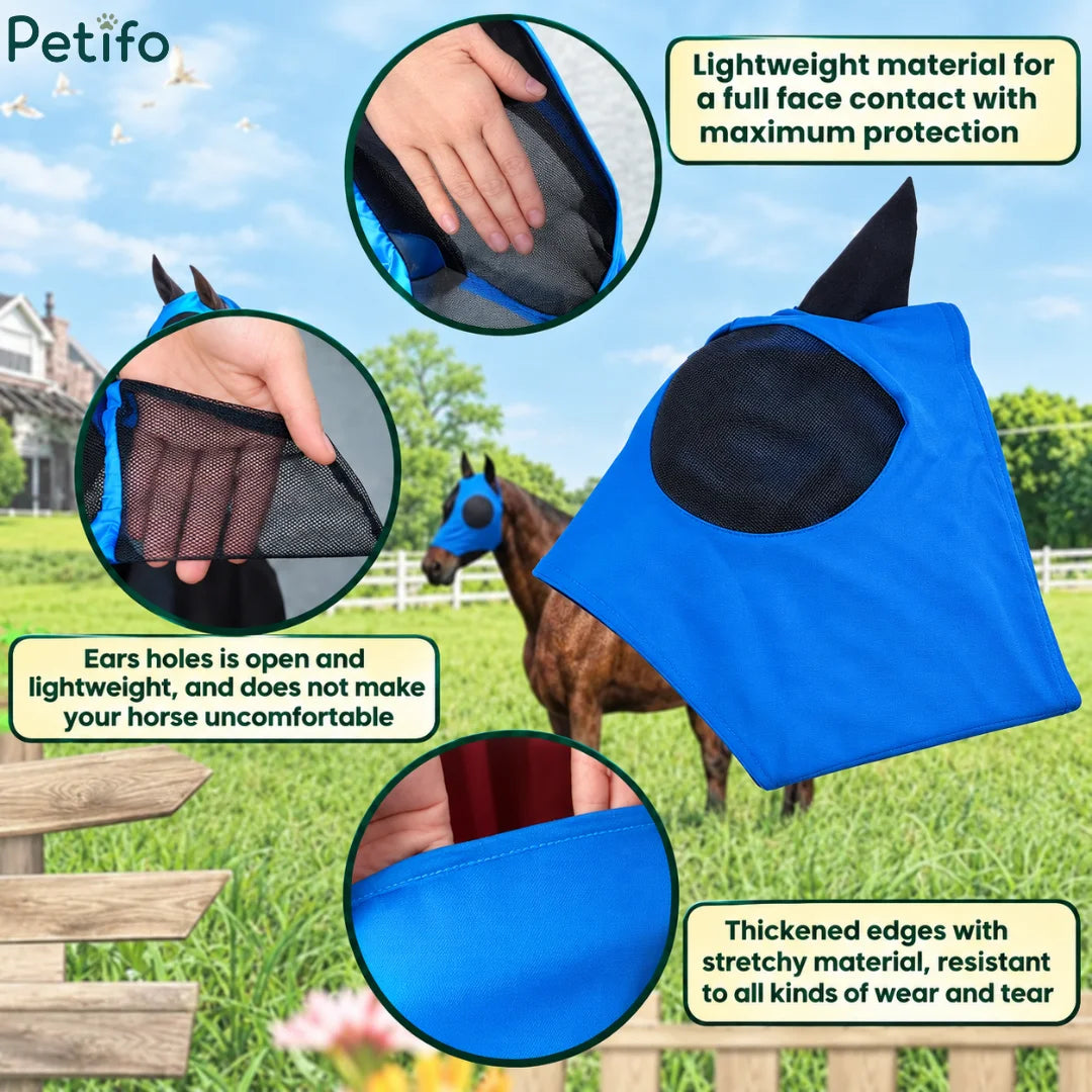 Feature breakdown highlighting lightweight material, open ears, and reinforced edges of the equine fly mask.