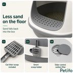 Detail breakdown showing the litter-trapping grated step, included scoop, smart holder, and odor control carbon filter.