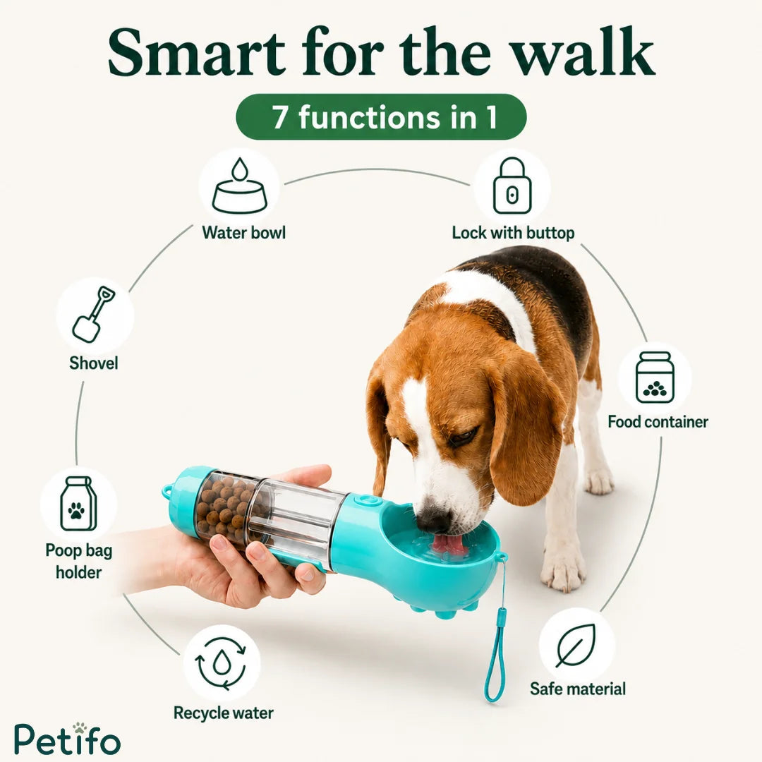Smart for the walk" infographic highlighting the 7-in-1 functions including water bowl, lock button, food container, safe material, recycled water, poop bag holder, and shovel.