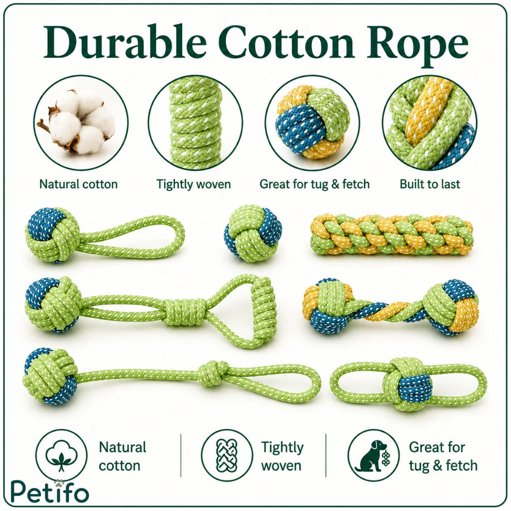 Informational overview highlighting natural cotton composition, durable weaving techniques, and features built for long-lasting tug and fetch play.