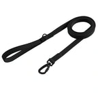 Black waterproof long training leash coiled neatly with a handle and black metal safety hook.