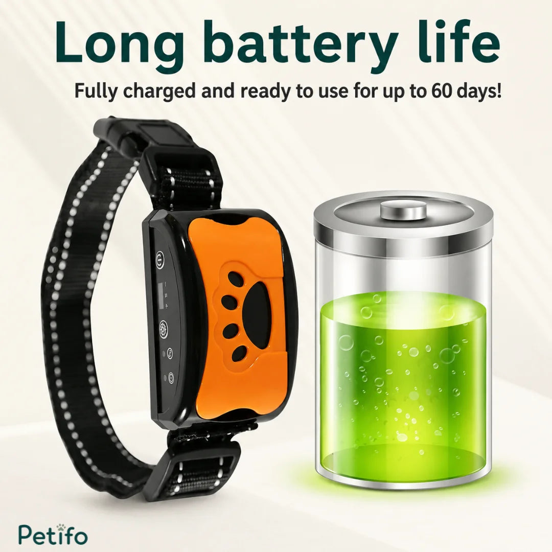 Long battery life display showing the black training collar alongside a green battery icon, indicating it operates for up to 60 days on a full charge.