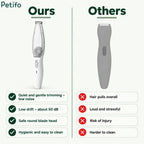 Comparison infographic contrasting the quiet, low-noise, and safe design of our vacuum trimmer against ordinary pet clippers.
