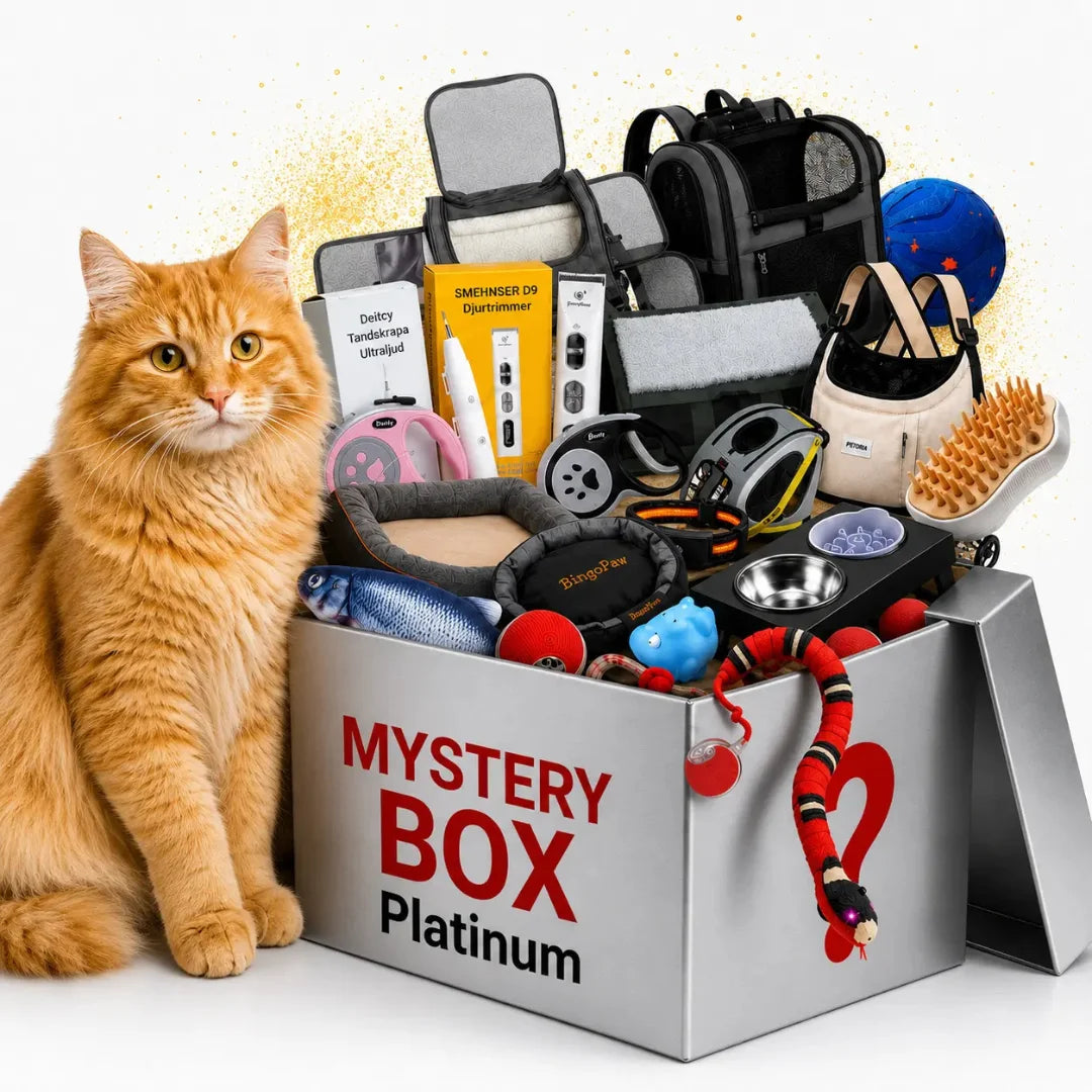 Platinum mystery box luxury pet supplies and accessories displayed beside a fluffy ginger cat.