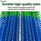 Macro view of durable green and blue nylon bristles designed for deep-cleaning equine massage and coat care.
