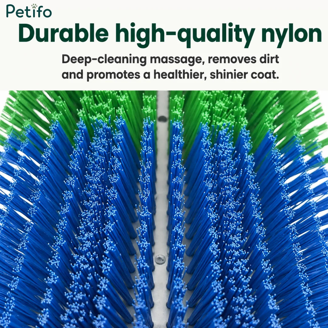Macro view of durable green and blue nylon bristles designed for deep-cleaning equine massage and coat care.