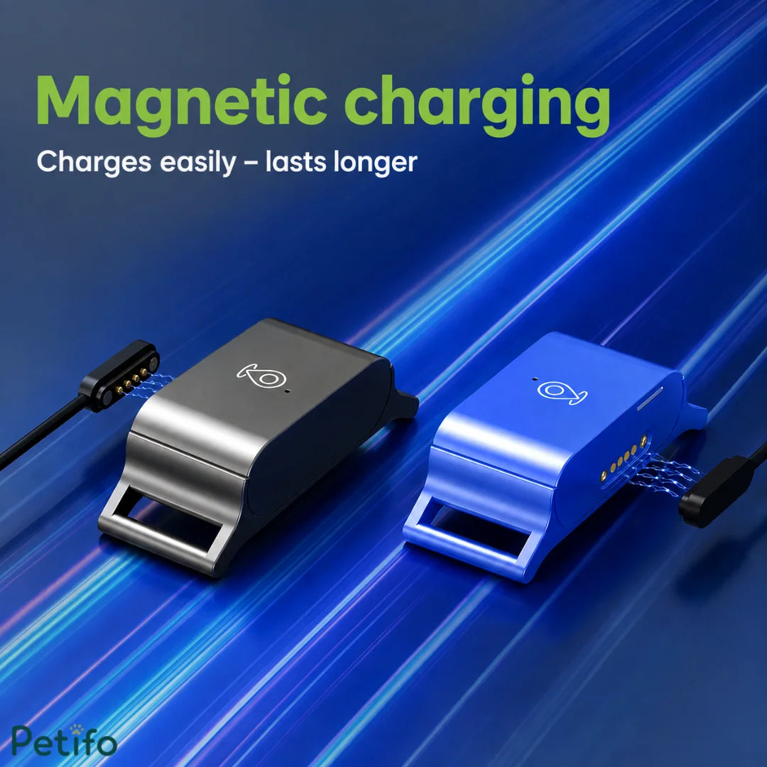 Magnetic charging units for black and blue smart GPS pet tracker collars with easy-connect cables.