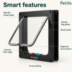 Black smart cat flap featuring detailed callouts for the 4-way locking mechanism, brush strip slots, and magnetic secure closure.