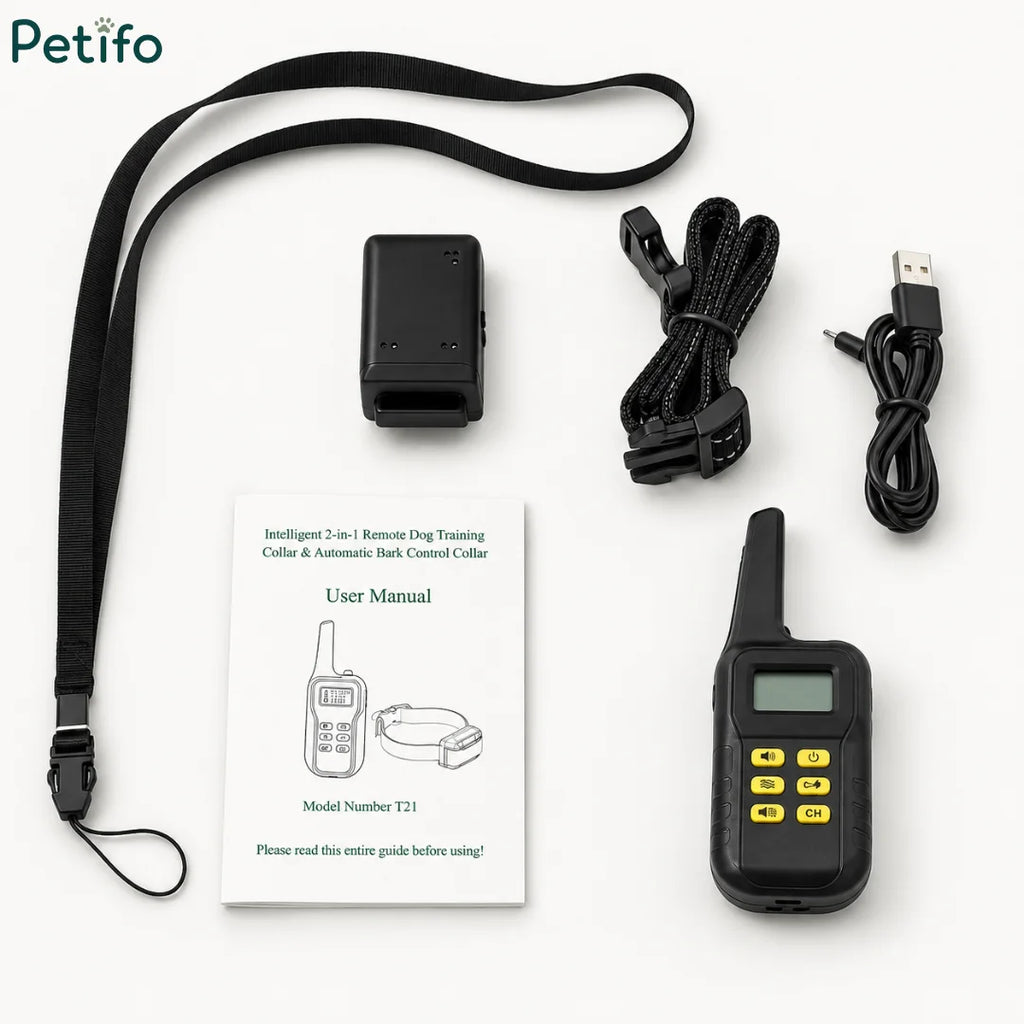 Complete box contents layout featuring Model T21 user manual, remote, receiver, charging cable, and neck lanyard.