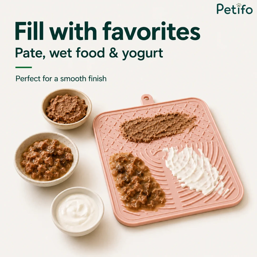 Pink Petifo silicone lick mat filled with pate, wet food, and yogurt alongside matching bowls