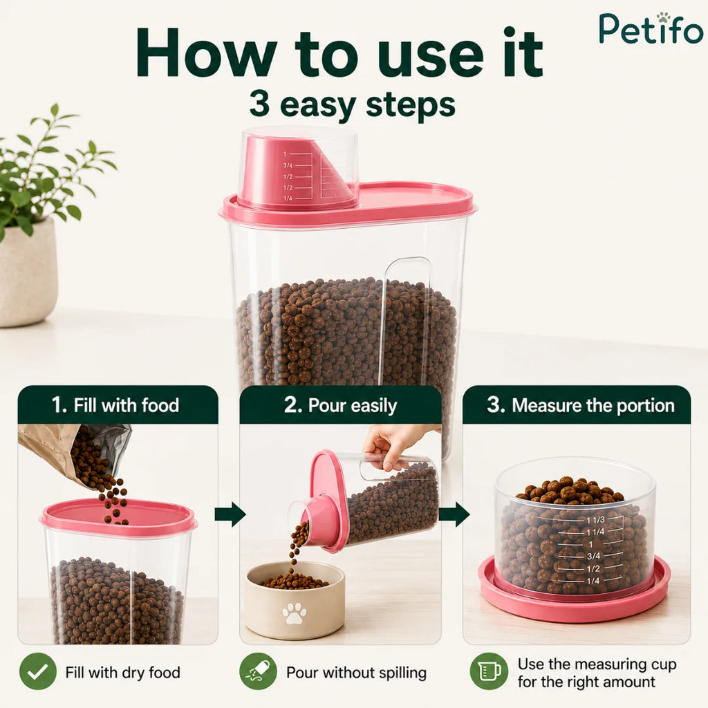 Three easy steps demonstrating how to fill, pour, and measure portions using the pet food dispenser.