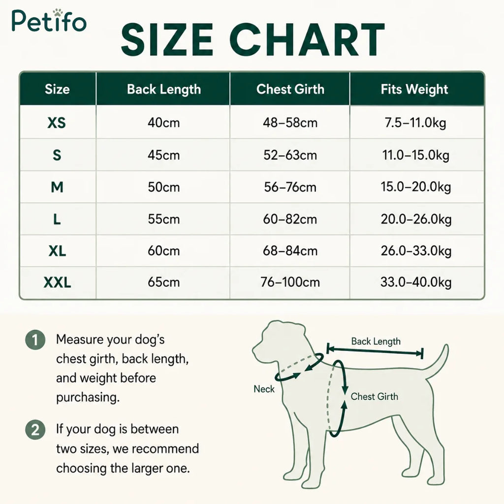 Official size chart and measurement guide detailing back length, chest girth, and weight ranges for dog coats.