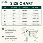 Official size chart and measurement guide detailing back length, chest girth, and weight ranges for dog coats.