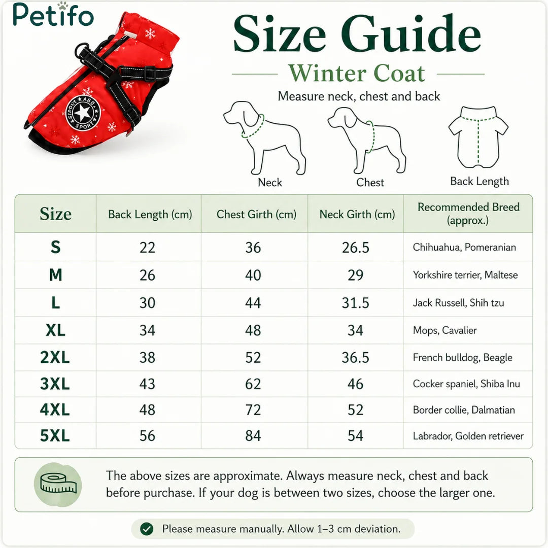 Detailed sizing chart and measurement guide for the winter dog coat across various breeds.