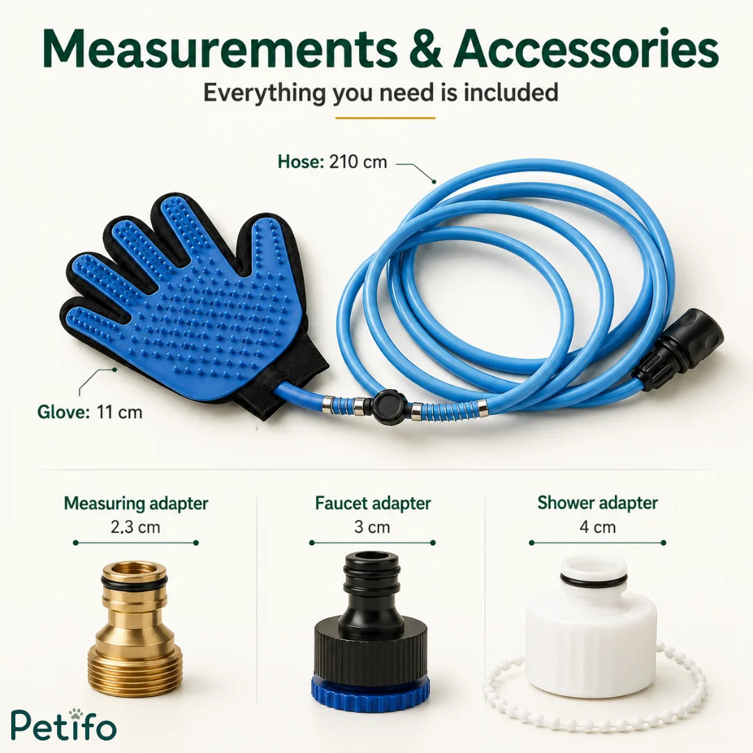 Measurements and accessories layout showing the blue pet bathing glove, 210 cm hose, and three adapters.