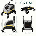 Petifo Size M dog stroller dimensions and sizing chart showing full measurements and its folded layout