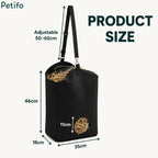 Product size chart and dimensions diagram showing the measurements of the hanging horse hay bag.