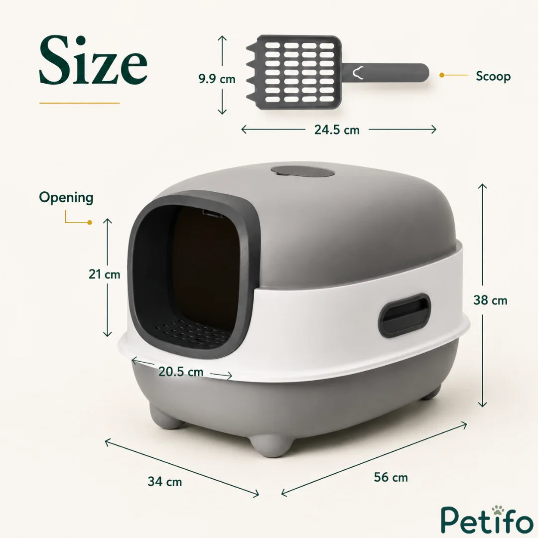 Size dimension guide showing measurements in centimeters for the grey and white enclosed cat litter box and matching scoop.